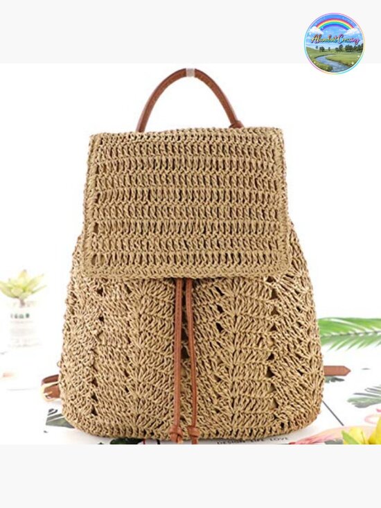 Handwoven Straw Backpack Drawstring Shoulder Bag Bohemian Beach Bag main image 4